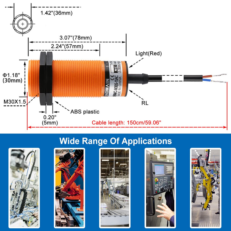 [Australia - AusPower] - Baomain Capacitive Proximity Sensor, Cylindrical M30 Plastic, Sn 15 mm, 220V, NC Contacts, Cable 2 mm, 2-wire BMC-M30S-15AC 