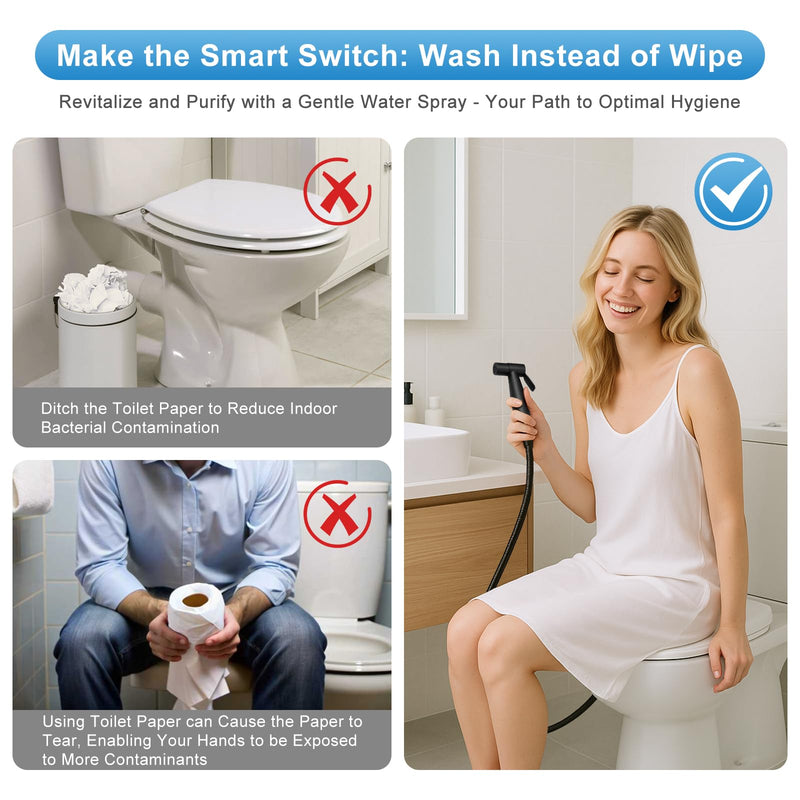 Handheld Toilet Bidet Sprayer 2 Pack, Water Pressure Adjustable Sprayer with Hose and 7/8 "T-Valve, Jet Spray and Soft Spray, for Toilet, Bidet, Shower etc., Stainless Steel, Black Black-2 Pack