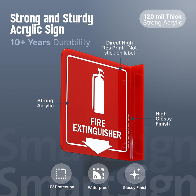 SmartSign (4-Pack) Fire Extinguisher Projecting Sign - 6" x 6", Two-Sided Wall Mount Polished Acrylic Hallway Sign with Down Arrow, White on Red 6" x 6" - Pack of 4