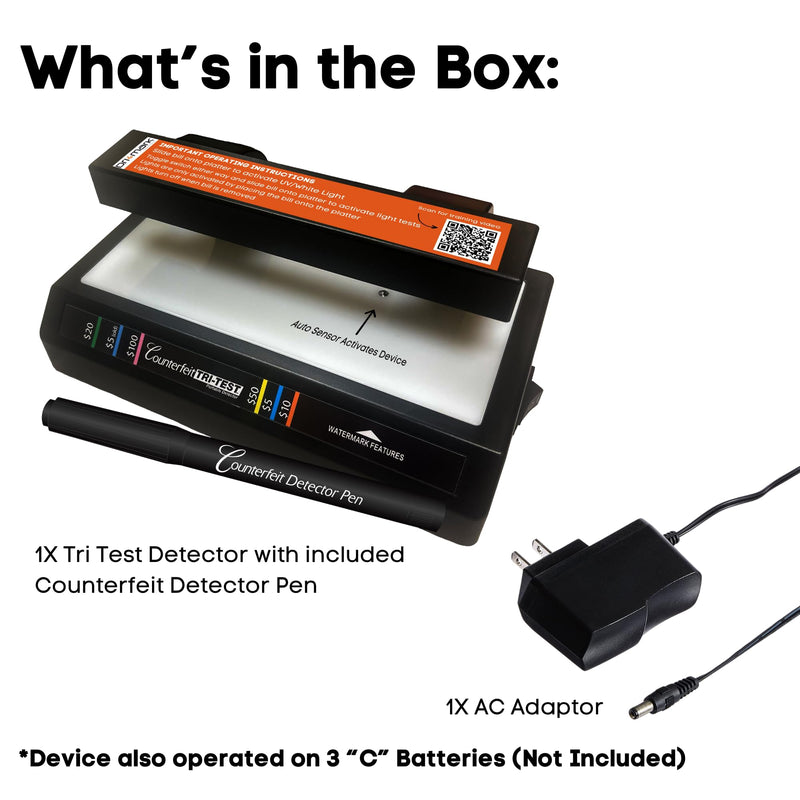 [Australia - AusPower] - Dri Mark Tri Test - Counterfeit Bill Detector Machine w/AC Adapter - 3 Tests in 1 - Paper, Security Strip and Watermark Tests, Accurate Money Tester Machine with Counterfeit Detection Pen 1 Tri Test 