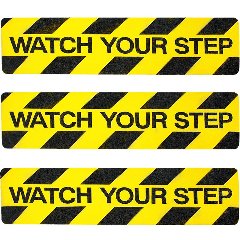 3-Pack Watch Your Step Sticker Sign Stair 6 x 24 Inch Caution Watch Your Step Floor Decals Warning Sticker Adhesive Tape Anti Slip Abrasive Tape for Workplace Safety Wet Floor Caution