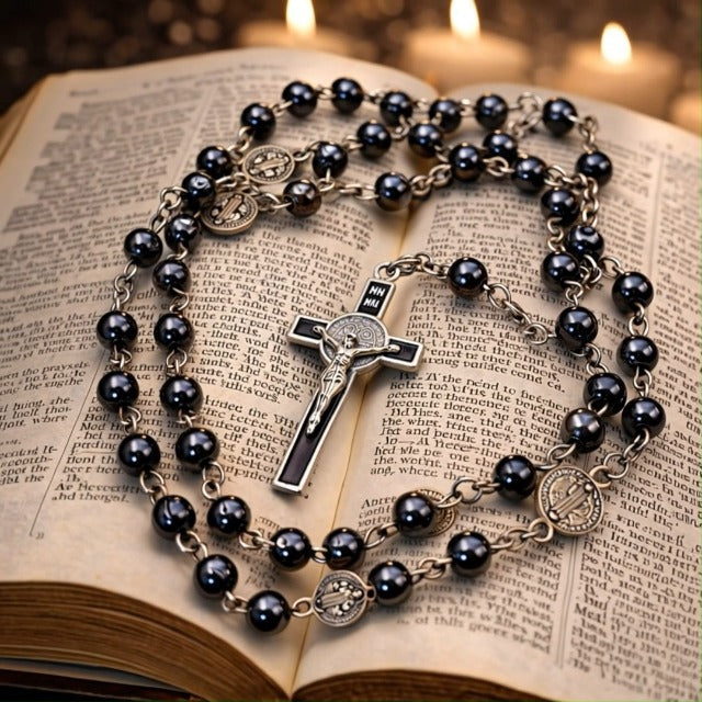 TALISMAN4U CATHOLIC ROSARY NECKLACE Black Hematite Beads St Benedict Medal