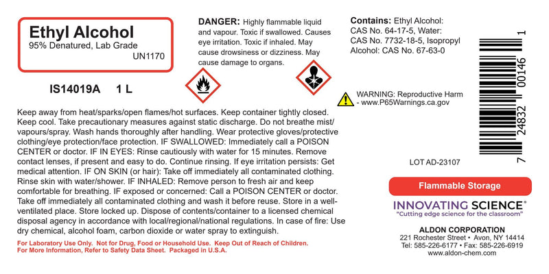 ALDON Innovating Science Laboratory-Grade Denatured Ethyl Alcohol, 95%, 1L (33.8 Ounces) - Not for Use on Body or Skin Denatured with Isopropyl Alcohol