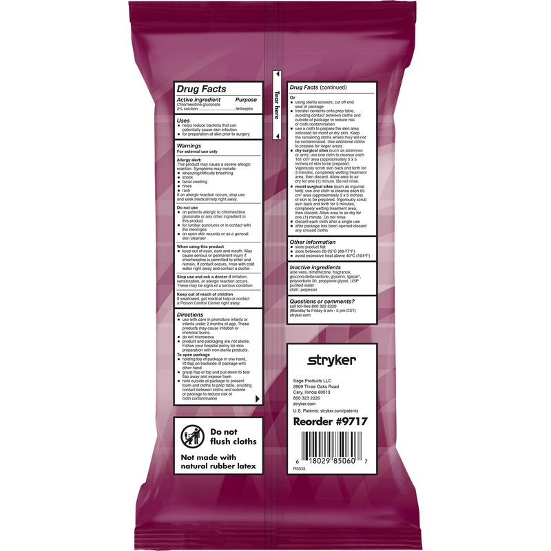 [Australia - AusPower] - Stryker - Sage 2% Chlorhexidine Gluconate (CHG) Cloths  1 Package, 6 Cloths  Rinse-free Antiseptic Preoperative Skin Preparation 