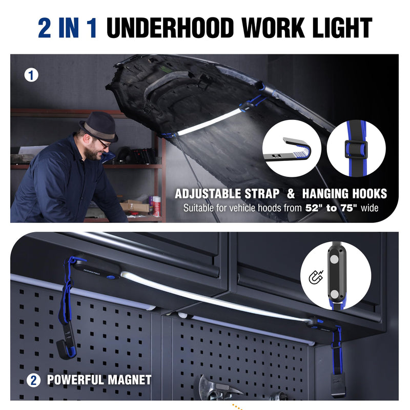 [Australia - AusPower] - WORKPRO Rechargeable Underhood Work Light, 25inch Long Foldable LED Work Light Bar, 3 Lighting Modes with Adjustable Straps and Hooks, Magnetic Light for Car Repairing/Garage/Workshop/Emergency 