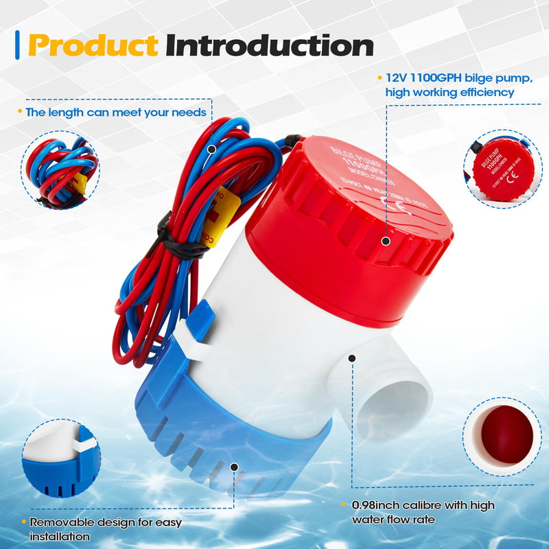 12V 1100GPH Bilge Pump Kit, 0.98 Inch, Non-automatic | 6 ft/1.8 meters Bilge Pump Hose, 2pcs Stainless Steel Clamps, Thru Hull Fitting, For Boats, Speedboats, Yachts B - 1100GPH