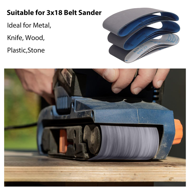 15 Pack 3 x 18 Inch Sanding Belts, 3x18 Silicon Carbide Sanding Belt, 5 Pcs Each of 600, 800, 1000 Grits Knife Sharpening Sander Belt 3x18 inch