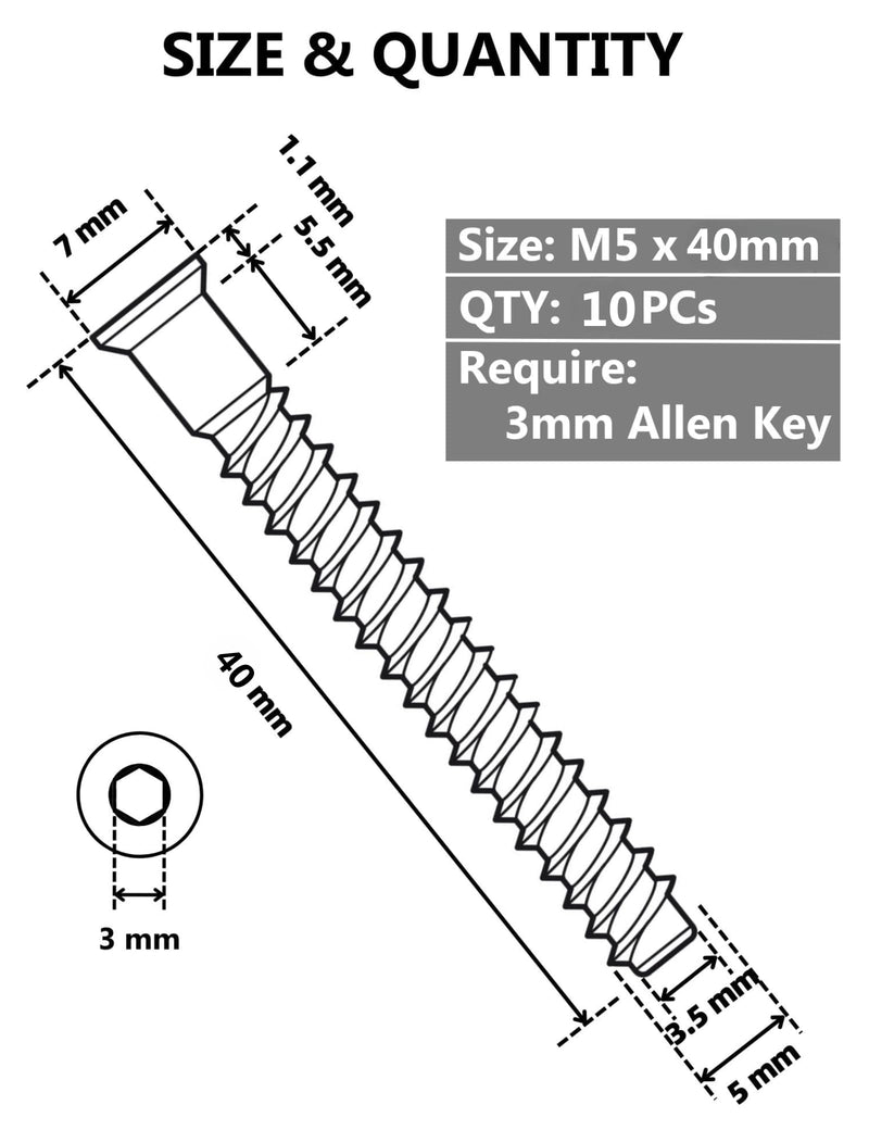 [Australia - AusPower] - Confirmat Screws, 10 PCs M5 x 40mm, Hex Socket Drive Countersunk Self-Tapping Furniture Connecting Screw Set Carbon Steel Zinc Plated Silver 