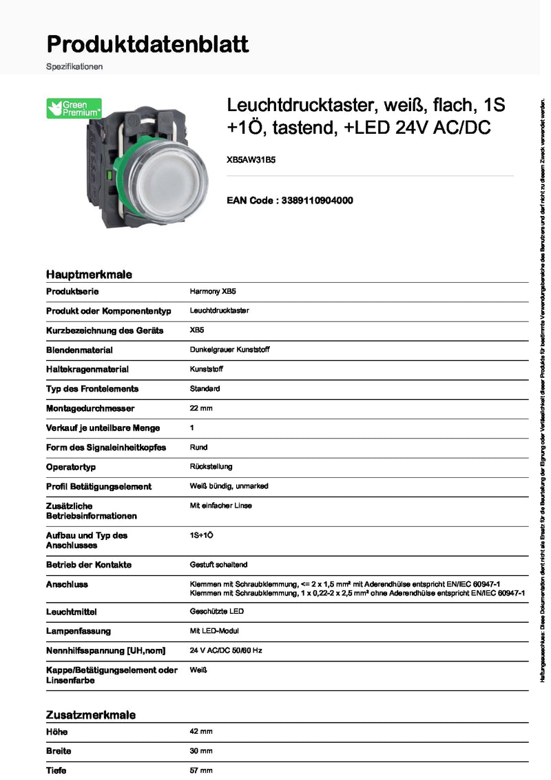 Schneider Electric XB5AW31B5 Illuminated Pushbutton, Electrical Switches, 24V, 50 Hz/60 Hz, White | 22 mm, universal LED, smooth dome, 1S + 1Ö, 24 V ACDC, plastic, white