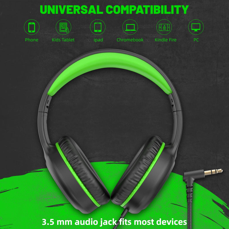 [Australia - AusPower] - Green Wired Headphones for Boys Portable On Ear Youth Headphones for School Airplane Travel Lightweight Portable Compatible with Pad Computer Laptop for Adults Student Children Girls Kids Black/Green 