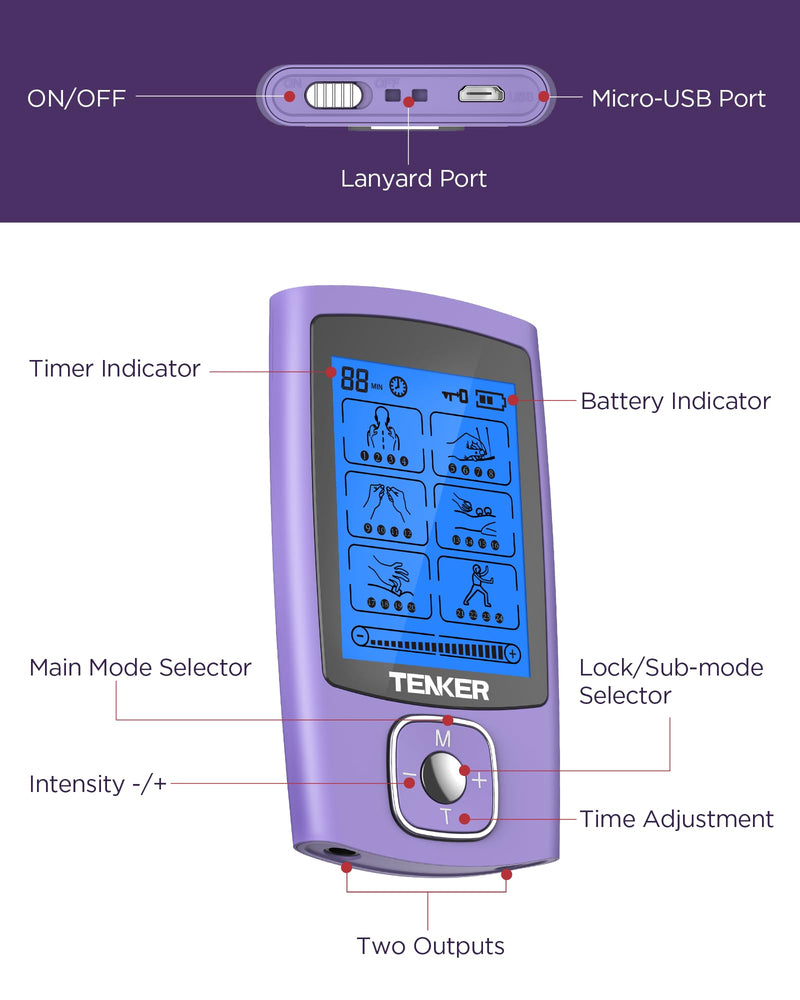 [Australia - AusPower] - TENKER TENS Unit Muscle Stimulator, 24 Modes TENS EMS Machine for Pain Relief Therapy/Pain Management, Rechargeable Electronic Pulse Massager with 2"x2" and 2"x4" TENS Unit Electrode Pads A-purple 