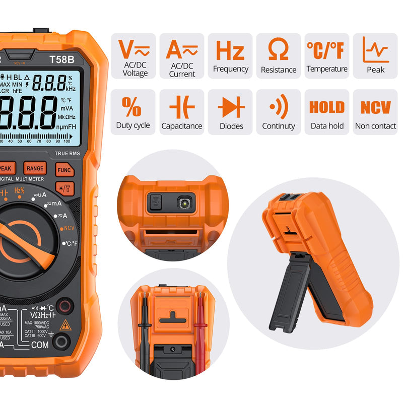 [Australia - AusPower] - Proster Multimeter 9999 Count - TRMS Auto Range NCV Detector DC AC Voltage Current Meter Temperature Capacitance Resistance Diode Continuity Tester 