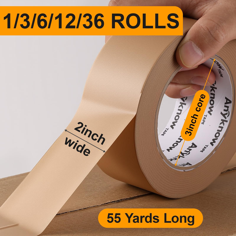 Eco Friendly Moving Tape (3 Pack), 2 Inch x 55 Yards, Strong Self-Adhesive Kraft Paper Tape for Boxes, Writable & Hand Tearable, Natural Rubber Brown Shipping Tape, Plastic-Free 3