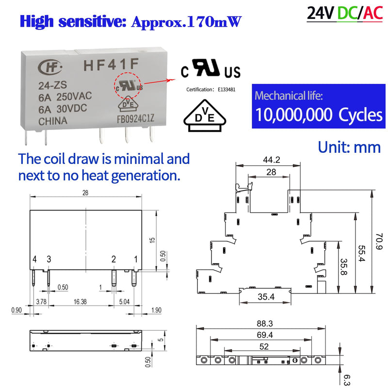 [Australia - AusPower] - 10Pcs Miniature Electromagnetic Relay 24V Coil DC/AC; Signal Relay for PLC; HF41F/24-ZS 1NO 1NC 6Amp SPDT with Jumper, Separator, 24V Relay Din Rail, UL Certification 10 PCS +24VDC/AC 