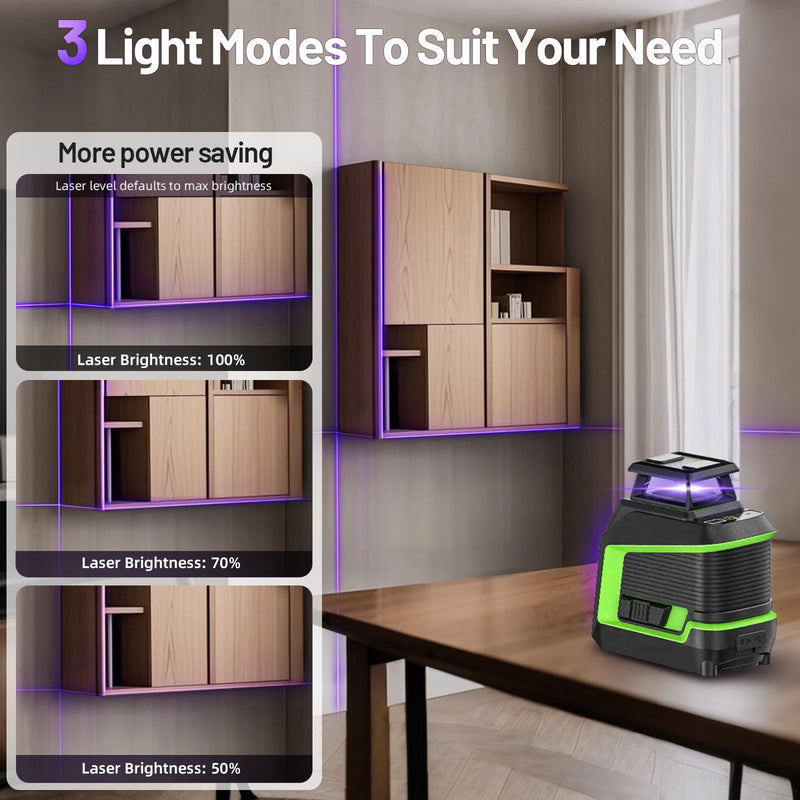 Huepar 360° Laser Level, 82Ft - 165Ft Self Leveling Laser Level with Pulse Mode, 3 Brightness Levels Rechargeable Li-ion Battery Purple Line Laser Leveler Tool for DIY Indoor Project D011c-p