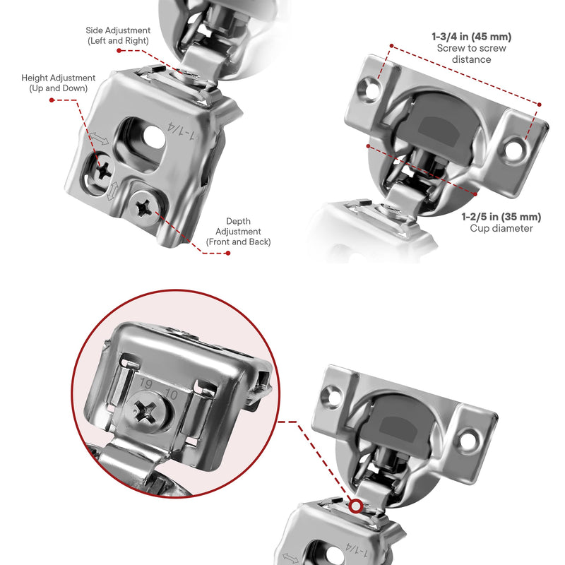 Berta 20-Pack 1-1/4 inch Overlay Soft Closing Face Frame Cabinet Hinges, 105 Degree 6-Ways 3-Cam Adjustment Concealed Kitchen Cabinet Door Hinges with Screwss (1-1/4 in. Overlay, 20 Pieces) 1-1/4 in. Overlay | 20 Pieces