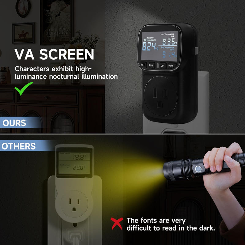 Temperature Controlled Outlet , 15A/1800W Digital Thermostat Outlet, Cyclic Timing/Countdown, -40℉~210℉ VA Display Heating Cooling Control Timer with 2Pcs Probe Cable for Reptile Incubator Black