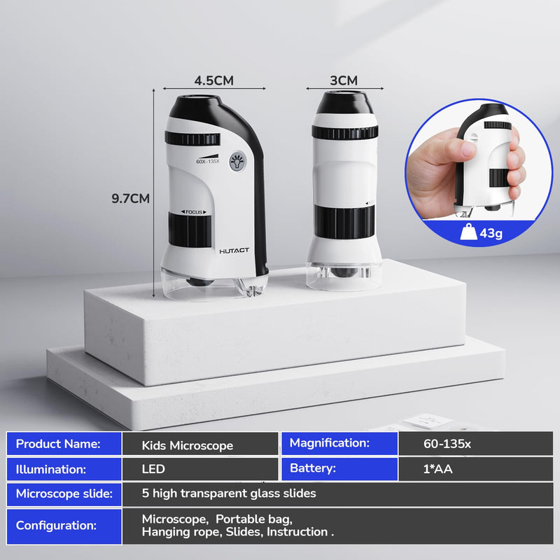 [Australia - AusPower] - Mini Microscope for Children with Slide Set: 60 x 135 x LED Pocket Microscope Portable Handheld Microscope Educational Gift for Children Students Adults Microbiological Observation black 