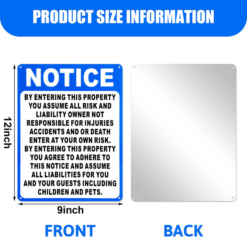 4 Pcs Not Responsible for Accidents or Injuries Sign Aluminum Enter at Your Own Risk Warning Sign 9 x 12 Inches Notice by Entering This Property for Lost or Stolen Items 4