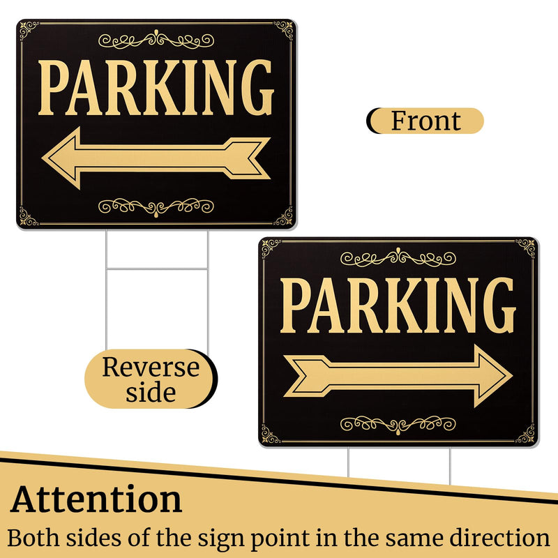 Menkxi 4 Pcs Parking Sign with Metal H Stake 12 x 16 Inch Double Sided Event Parking Sign Corrugated Plastic Waterproof Durable Guest Directional Arrow Signs for Outdoor Yard Wedding, Black and Gold