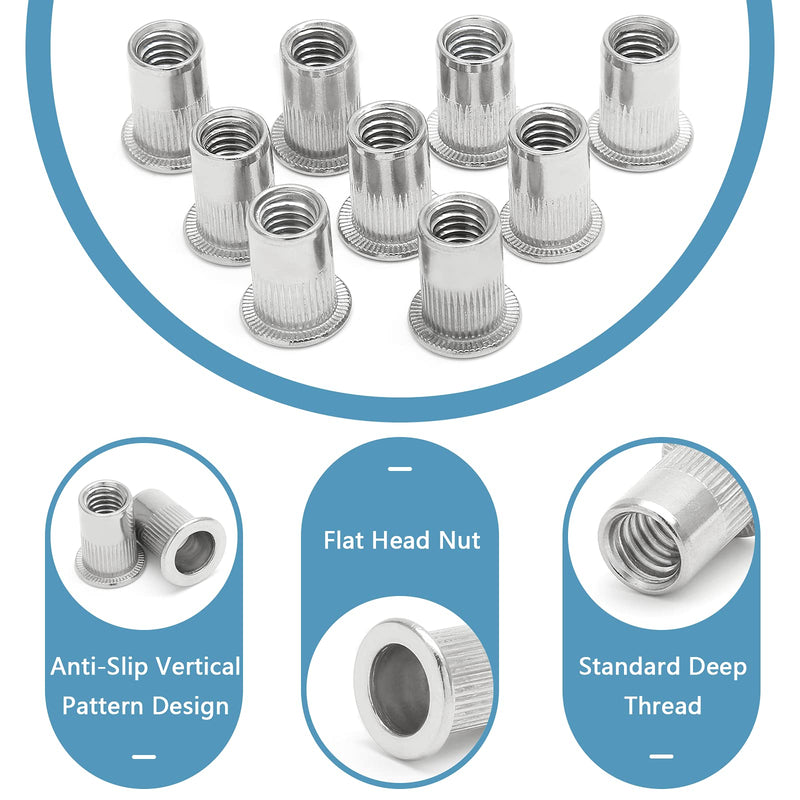 [Australia - AusPower] - 50PCS 5/16"-18 Stainless Steel Threaded Insert Rivet Nut, 5/16-18UNC Rivnuts Flat Head Rivets, Knurled Nutsert Screws Blind Nut 5/16"-18, 50 Pack 304 Stainless Steel 