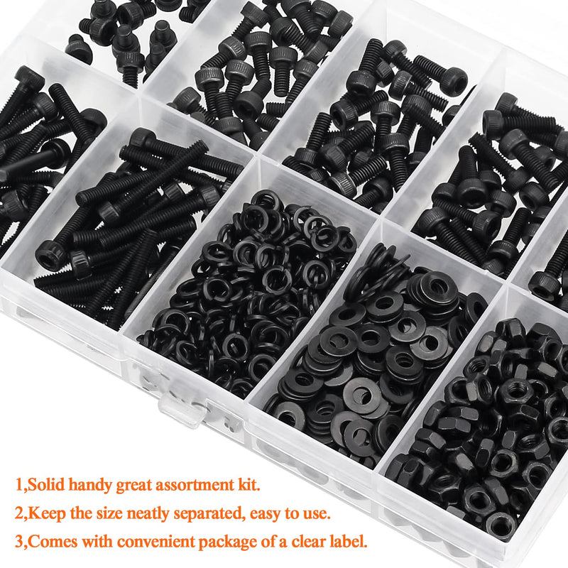 [Australia - AusPower] - 560 Pieces M3 x 4mm /6mm /8mm /10mm /12mm /16mm /20mm, Hex Socket Head Cap Screws Bolts Washers Nuts Kit, 12.9 Grade Alloy Steel, Full Threaded, Black 