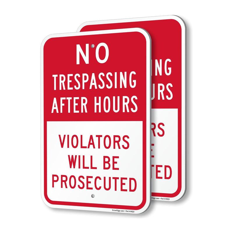 SmartSign No Trespassing After Hours Violators Prosecuted Sign - 2-Pack, 12" x 18", 80 mil Thick Aluminum Composite (ACM), Pre-Drilled Holes, Red and White, Made in USA 12" x 18" - AL ACM (Pack of 2)