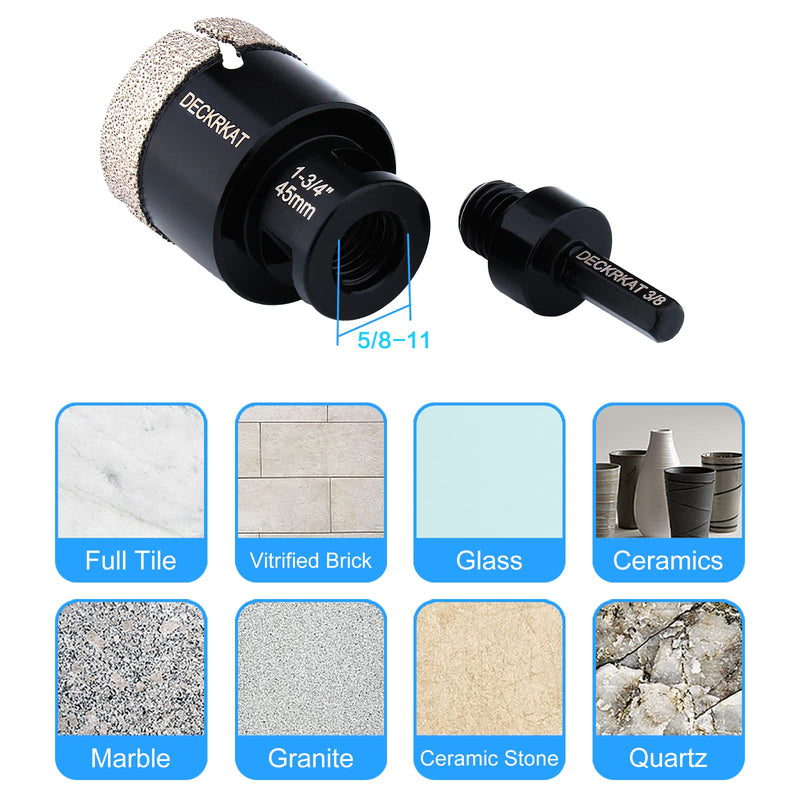 [Australia - AusPower] - Diamond Hole saw, 1-3/4" Hole Saw for Tiles Granite Marble Ceramic Glass Porcelain, 45mm Core Drill Bit with 5/8-11 Thread and 3/8” Hex Shank Adapter for Angle Grinders & Drills 1-3/4"(45mm) 