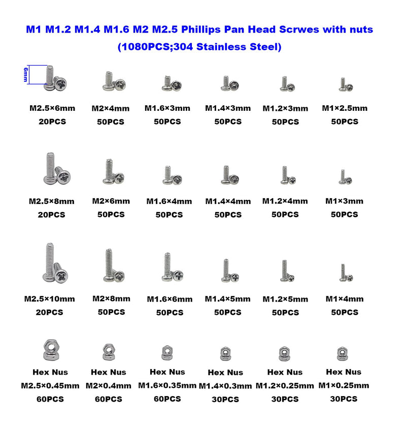 [Australia - AusPower] - Metric M1 M1.2 M1.4 M1.6 M2 M2.5 304 Stainless Steel Phillips Pan Head Tiny Machine Screws Nuts Assortment Kit M1M1.2M1.4M1.6M2M2.5 