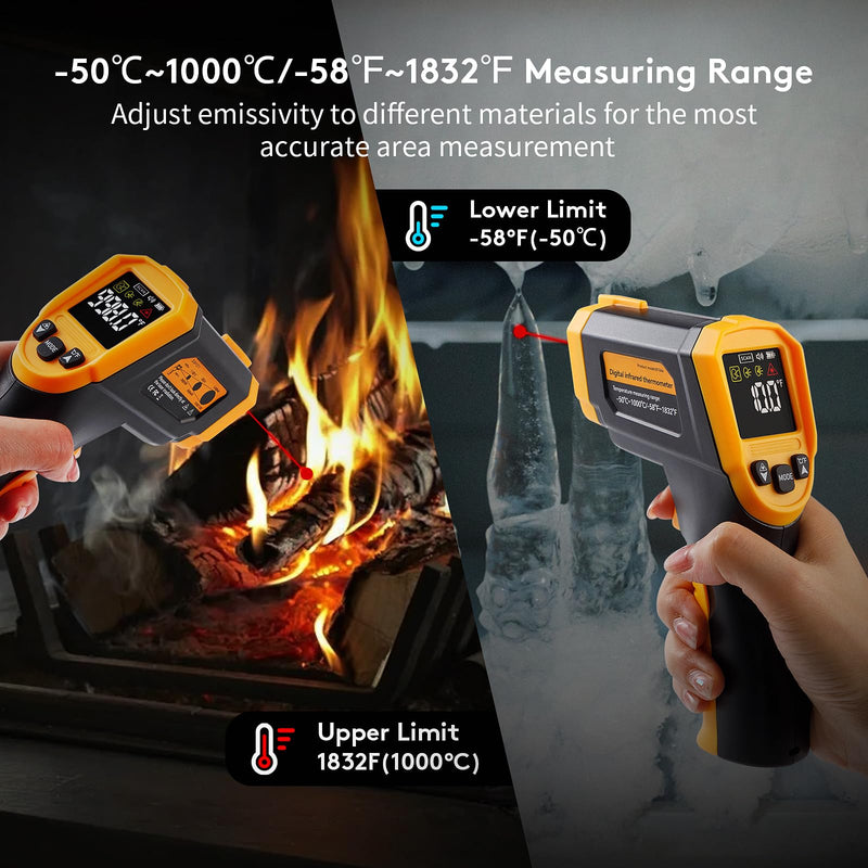 [Australia - AusPower] - Infrared Thermometer Temperature Gun(NOT for Humans),-58°F~1832°F(-50°C~1000°C),High&Low Alarm,Non-Contact,MAX/MIN/DIF/AVG Display Digital Laser Thermometer Gun for Cooking,Industrial 