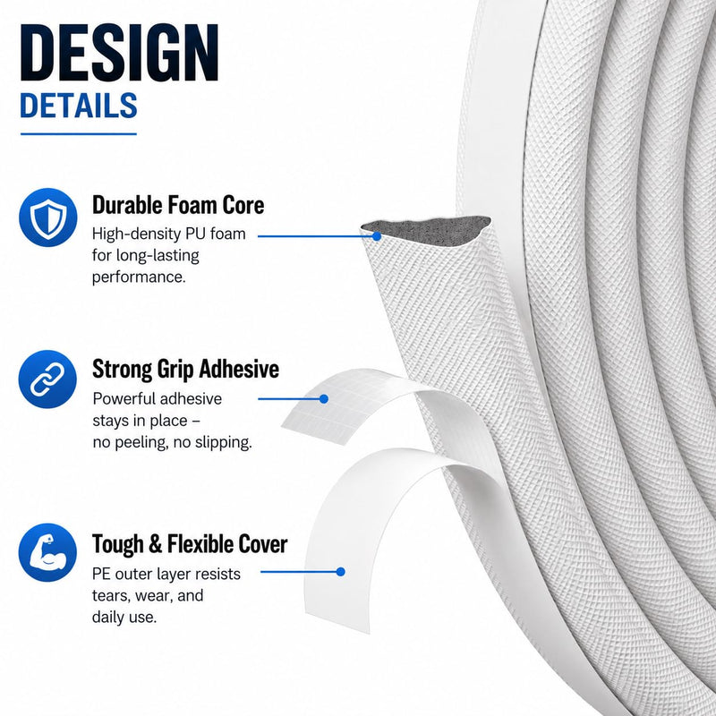 Weather Stripping Door Seal Strip, 196 inch * 3 Wedge-Shape Window Foam Seal Strip, Soundproofing, Winter Insulation Tape Strip for Frame, Noise Blocker, Door Gap Filler for Exterior White