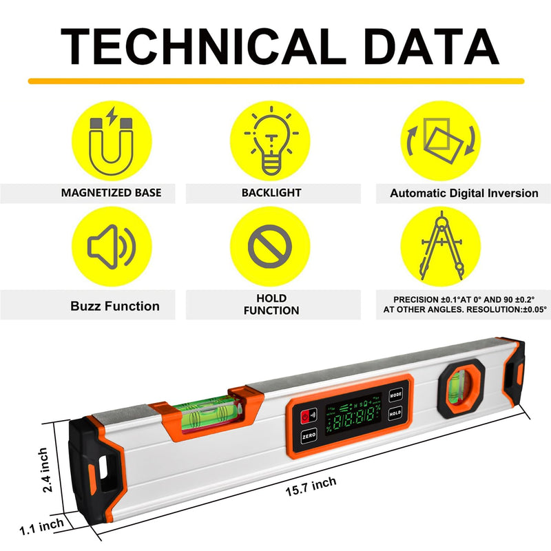 [Australia - AusPower] - 15.7-Inch Digital Torpedo Level & Angle Finder – IP54 Waterproof Inclinometer with Backlit LCD, V-Groove Magnetic Base, 0.1° Accuracy – for Construction, Woodworking, Metalworking（Orange) Orange 