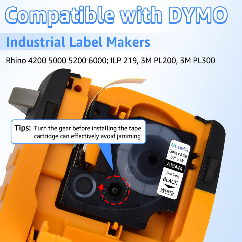 [Australia - AusPower] - USUPERINK 4 Pack Compatible for DYMO Label Maker Refills 18444 1/2'' 12mm Black on White Industrial Permanent Vinyl Label Tapes for Rhino 1000 3000 4200 5200 5000 6000 