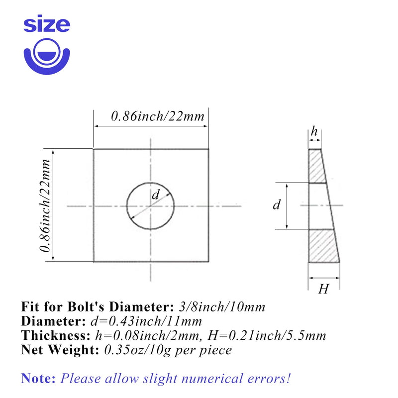 [Australia - AusPower] - 10 PCS 3/8 Beveled Square Washers in Plain Carbon Steel Galvanized,3/8(ID) x7/8x7/8 Inch for Channel Steel Wedge Shaped Washers for Shim Leveling,2 to 5.5 mm Thick,White,LXLVOUEG 3/8 X 7/8 X 7/8 inch Galvanized Steel-White-10 PCS 