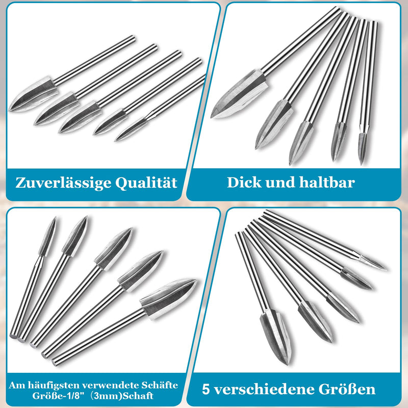 [Australia - AusPower] - Tczecoo Pack of 5 Wood Carving Tools, HSS Engraving Tool, Engraving Drill Wood with 3 mm Shank, Wood Carving Tool Milling Cutter Accessories, Wood Carving Tool for Rotary Tools, Wood Carving Drilling silver 