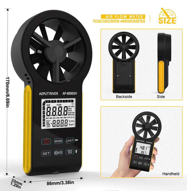 HVAC Anemometer CFM Meter Air Flow Meter with Touch-Screen,Temp, Backlight, Data Hold for Air Volume, HVAC Vents, Sailing, Shooting-AP-6000GH AP-6000GH(HVAC Anemometer, CFM Meter)