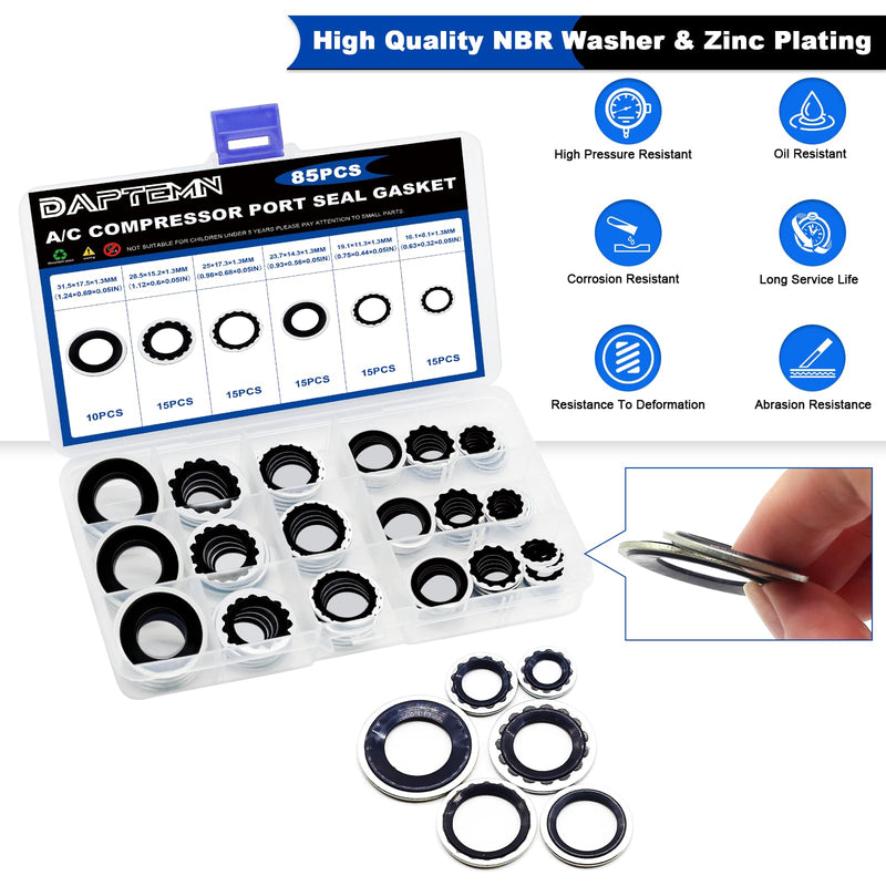 [Australia - AusPower] - 85PCS A/C Compressor Bonded Seal Washers Assortment Kit, 6 Sizes Air Conditioning Compressor Port Gasket Repairs Universal Automotive Self-Centered Washers (ID: 8mm-17.5mm) 85PCS A/C O-Ring Black 