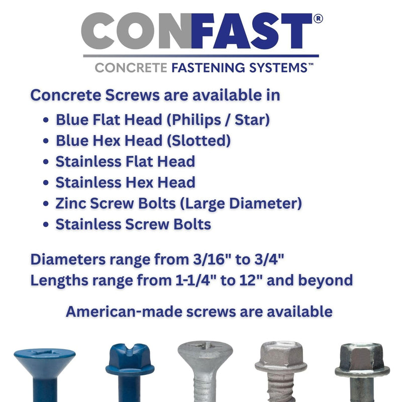 CONFAST 3/16" x 4" Blue Flat Phillips Concrete Screw Anchor with Drill Bit for Anchoring to Masonry, Block or Brick (100 per Box) 3/16" x 4"