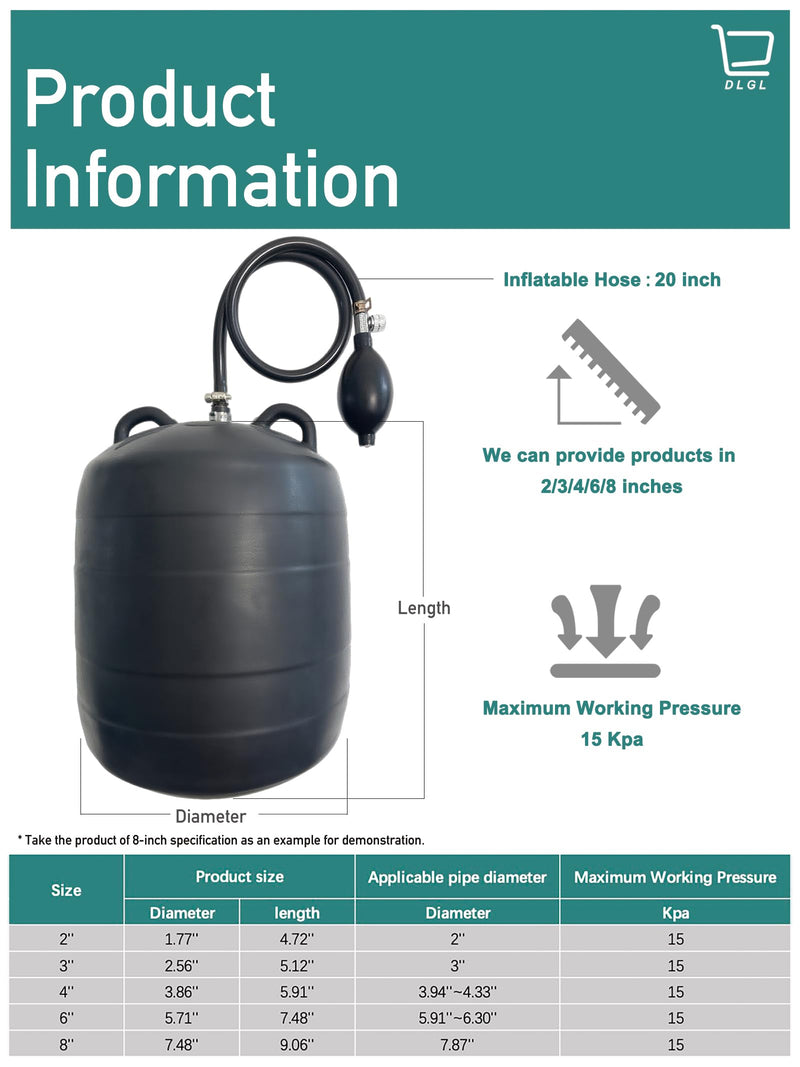 Inflatable Pipe Plug Balloon for Sealing and Testing of Sewer Pipes, Plumbing Pressure Bladder with Air Pump - Plumbing Test Ball for Sewer Test, Water Shut Off & Temporary Blocking (2P Inch) 2 inch