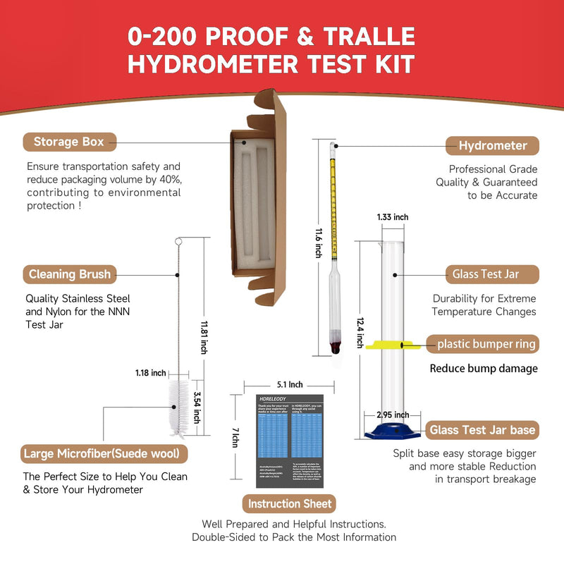 [Australia - AusPower] - Alcohol Hydrometer Meter Test Kit 0-200 Proof & Tralle,with Glass Test Jar,Accurate Tester & Glass Cylinder for Proofing Distilled Spirits & Moonshine Alcoholmeter Testing Set,HDRELEODY 