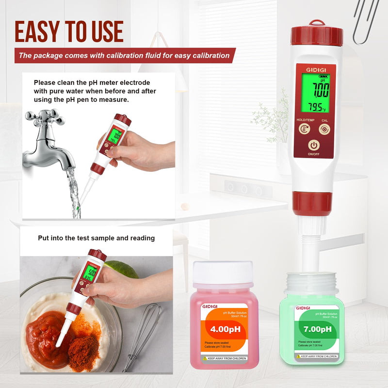 [Australia - AusPower] - pH Meter for Food Digital pH Meter for Fermentation Hot Sauce Canning Spear Tip pH Food Tester Probe for Cheese Cooking Sourdough Bread Saliva Water Resistant Food Acidity Tester for Solid and Water 