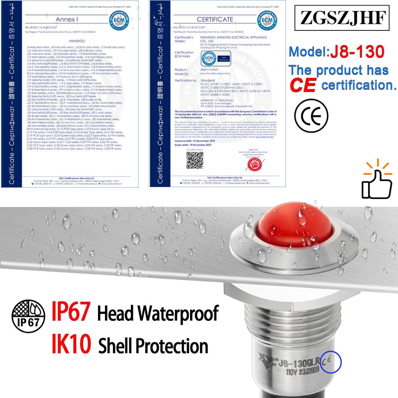 [Australia - AusPower] - Mini Indicator Light 8mm 0.31" Waterproof Domed Sphere High Head Metal Stainless steel Signal Lamp 110V/120V LED Pilot Light with 140mm/5.5" Red 110-120V DC/AC 