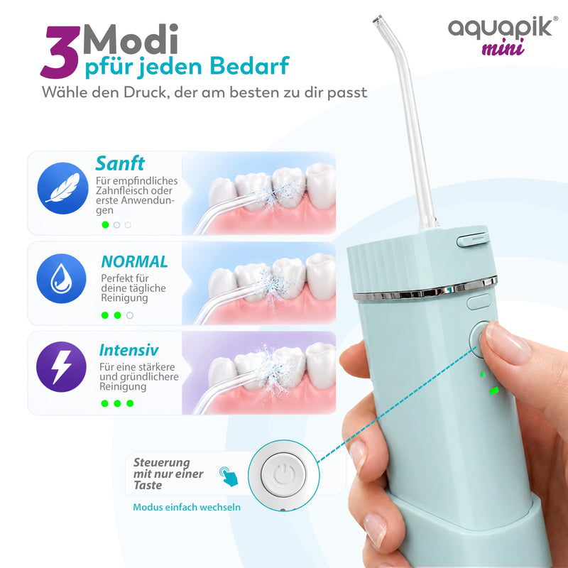 Aquapik Mini Portable Oral Irrigator 200ml USB-C 3 Pressure Levels IPX8 for Office C.blue tragbar