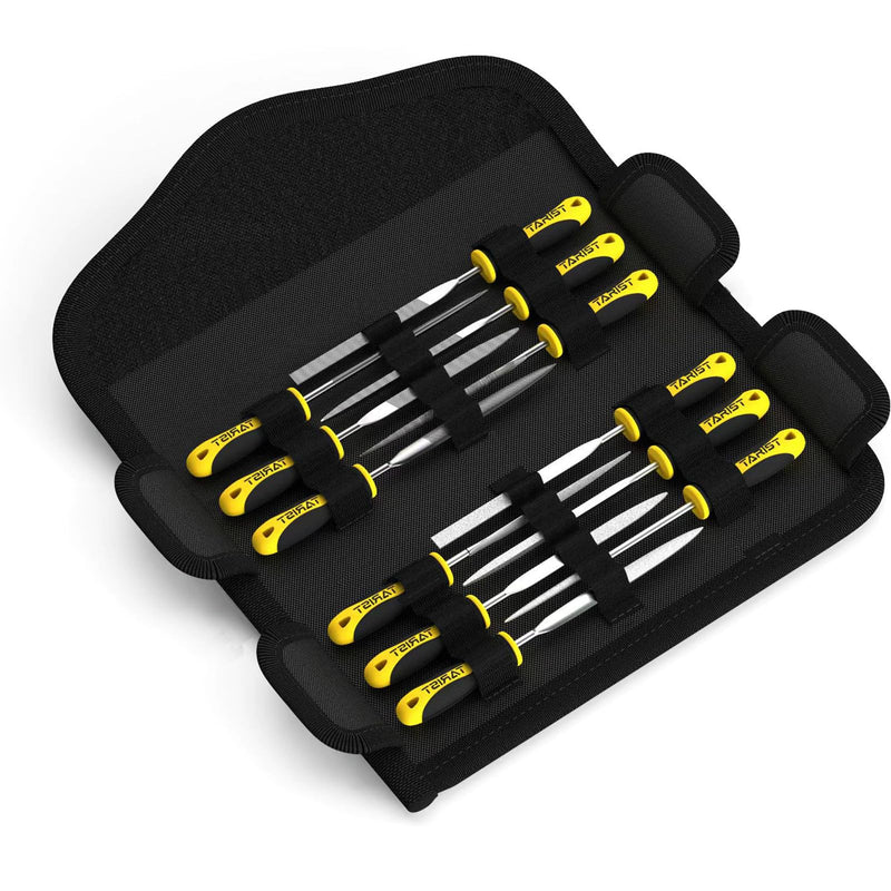 Tarist Needle Files, Key Files 12-Piece with Tool Bag, Small File Set Includes 6 Metal Needle Files and 6 Diamond Needle Files for Metal, Jeweler, Wood, Soapstone and Plastic Needle files, 12 pieces