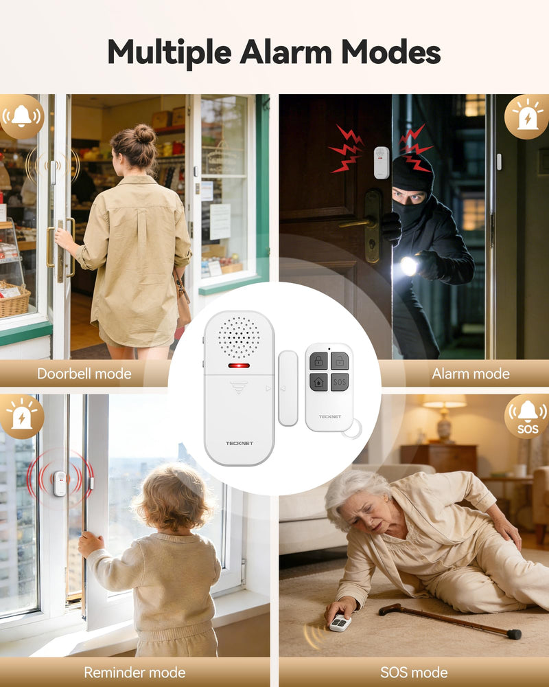 TECKNET Door Alarms When Opened for Kids Safety, 130dB Loud Adjustable Volume Window Alarm with Flashing LED, 4 Modes Door Alarm with Remote 60m/200ft, Easy to Install for Home Security, 4PCS White 4 PCS