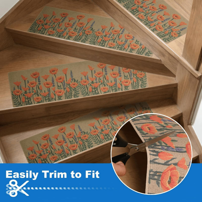 Outdoor Stair Treads Non-Slip, 8” x 30” - 10-Pack Weather Resistant Grip Tape for Wooden Steps, Waterproof & Anti Skid Strips, 80-Grit Adhesive Step Treads, Orange Floral Beige/Orange 8" x 30"