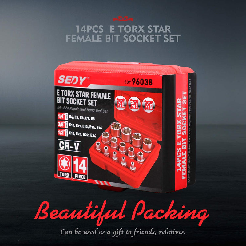 [Australia - AusPower] - SEDY 14-Piece E-TORX Socket Set - Premium Female Torx Socket Set, Ultimate Star Socket Set, Torque Socket Set, External Torx Socket Set, E4 E5 E6 E7 E8 E10 E11 E12 E14 E16 E18 E20 E22 E24 Socket Set 