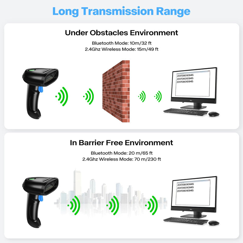 Bluetooth 1D&2D Barcode Scanner, 3-in-1 Bluetooth & USB Wired & 2.4G Wireless QR Barcode Reader, PDF417 Data Matrix Handheld Bar Code Scanner Work with Windows, Android, iOS (TM-10B) Wireless 2D Barcode Scanner