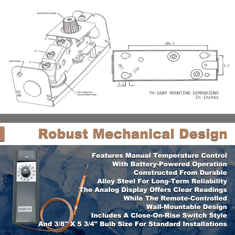 [Australia - AusPower] - W1609-101 Refrigeration Thermostat Temperature Controller with Remote Bulb & 5 Ft Capillary – TH-1609 Model, Temperature Range: -30°F to 90°F (-34°C to 32°C) 