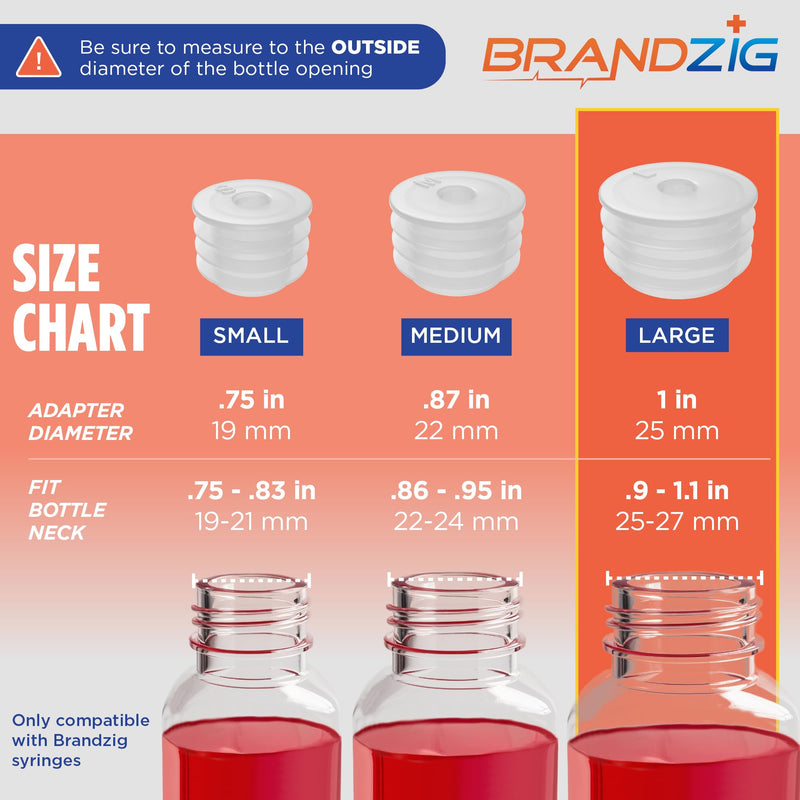 [Australia - AusPower] - Medicine Bottle Syringe Adapter For Oral Dispensers | Size Large, 50 Pack | Press In Bottle Adapter for Liquid Medication | Only Fits Brandzig 1ml, 3ml, 5ml & 10ml Syringes 